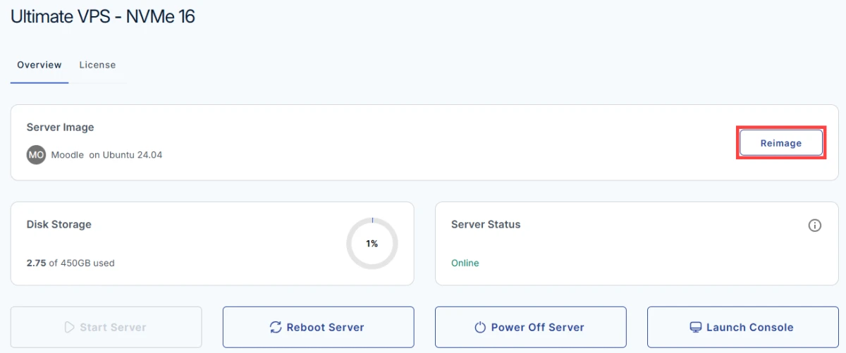 Bluehost Self-Managed VPS overview with the Reimage button highlighted