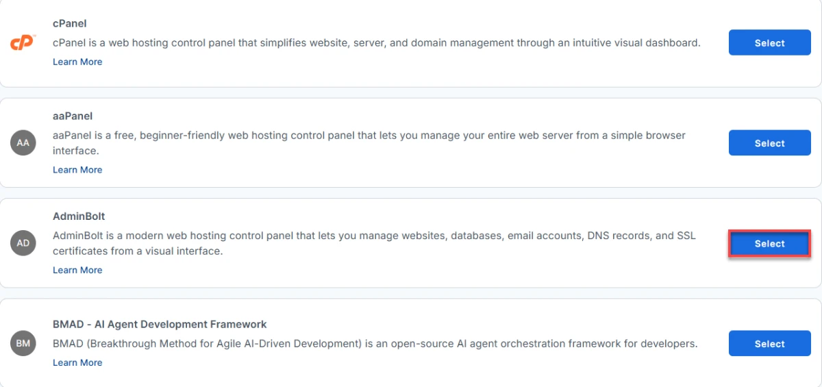 AdminBolt in the Bluehost reimage application list with the Select button highlighted