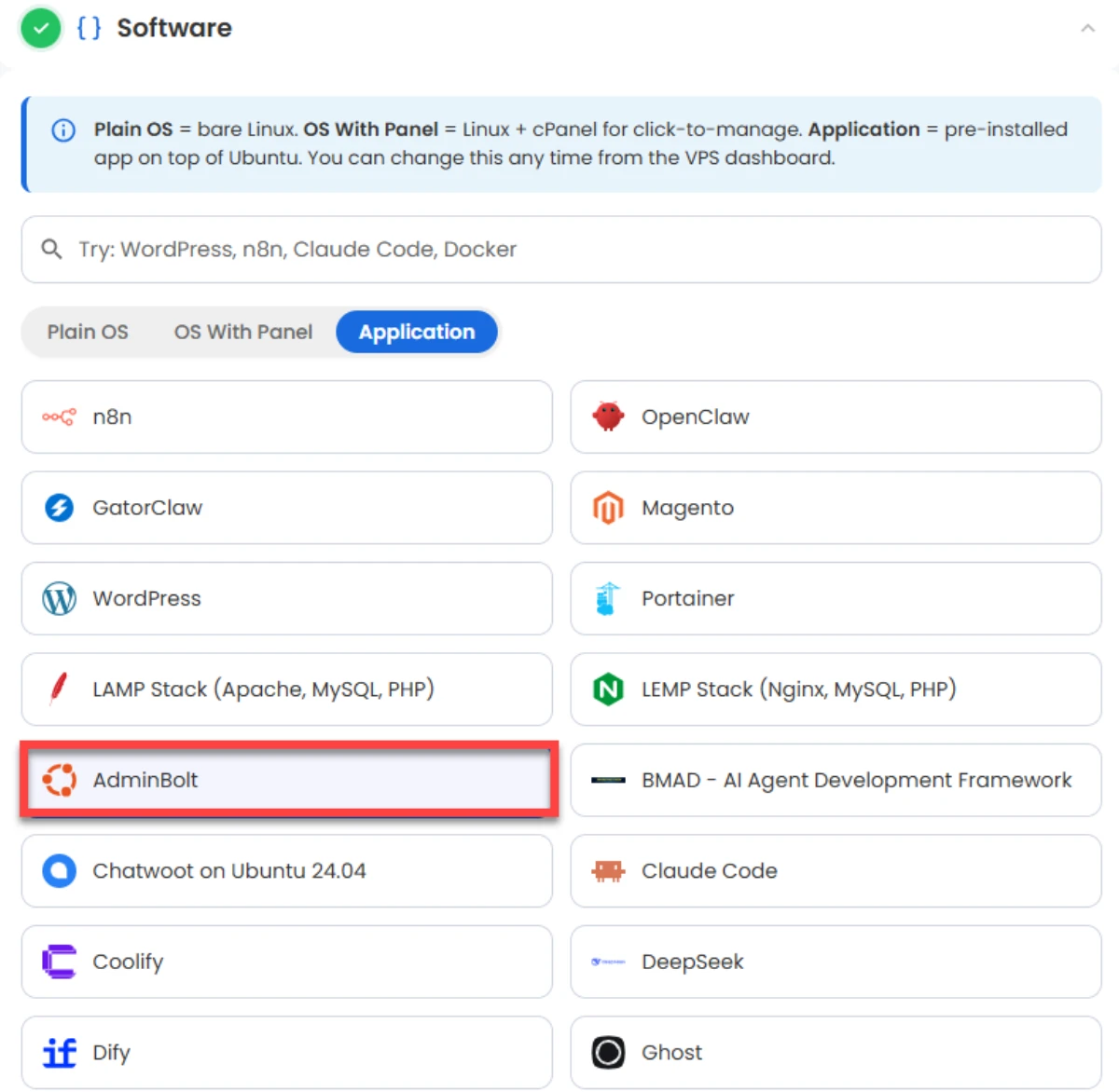 AdminBolt listed in the Application tab of the Bluehost VPS Software step, selected during checkout